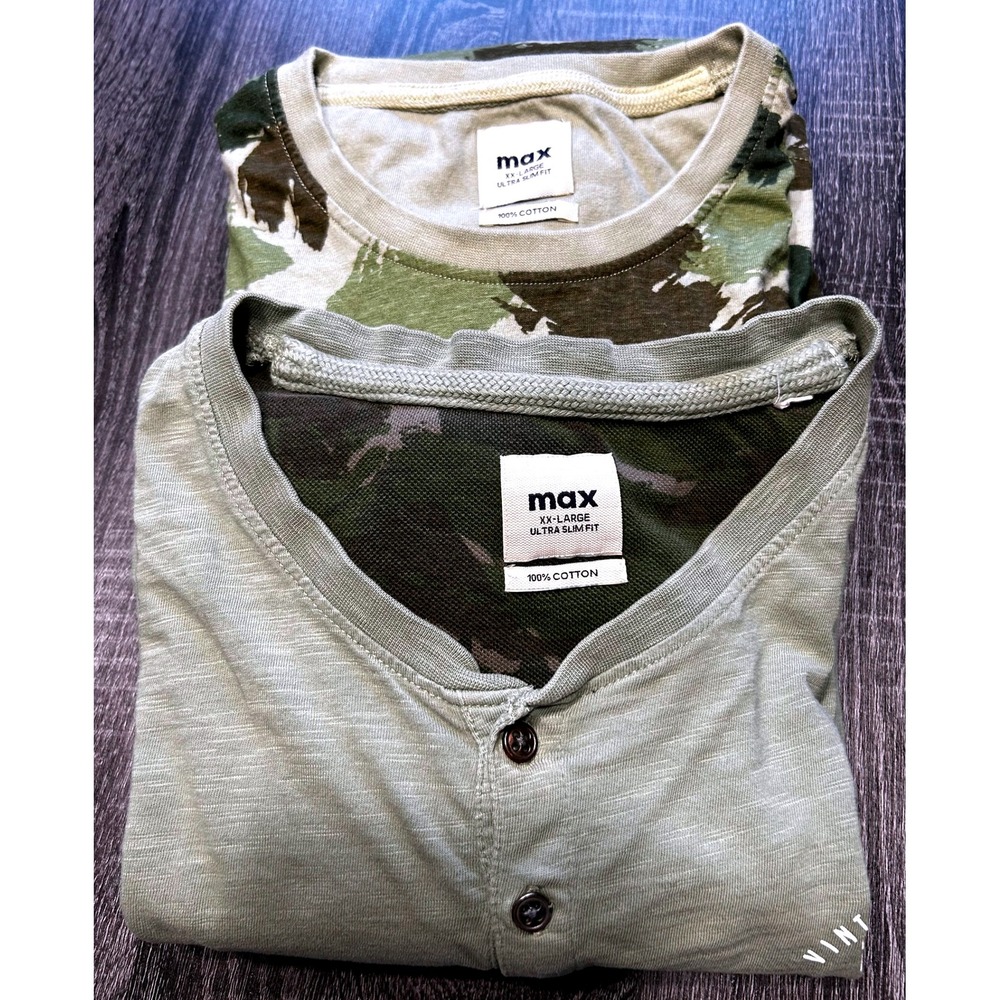 Lot of 2 Max Men's Long Sleeve Tees XX-Large‎ Ultra Slim Fit Army Green & Camo